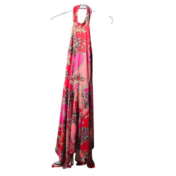 Red & Pink Halter Maxi Dress With Ornate Chain & Floral Print - Picture 1 of 7